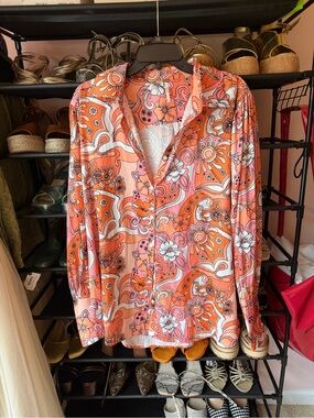 Free People Orange and Pink Floral Paisley Blouse
